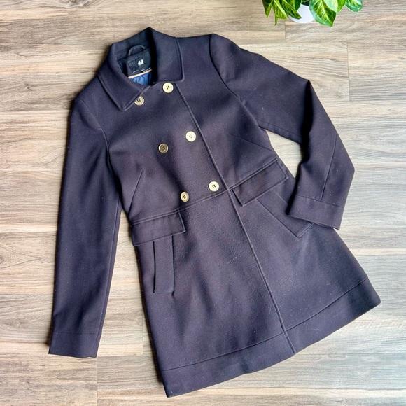 H&M Size 6 Tailored Double Breasted Wool Blend Coat‎ Black - Picture 2 of 14